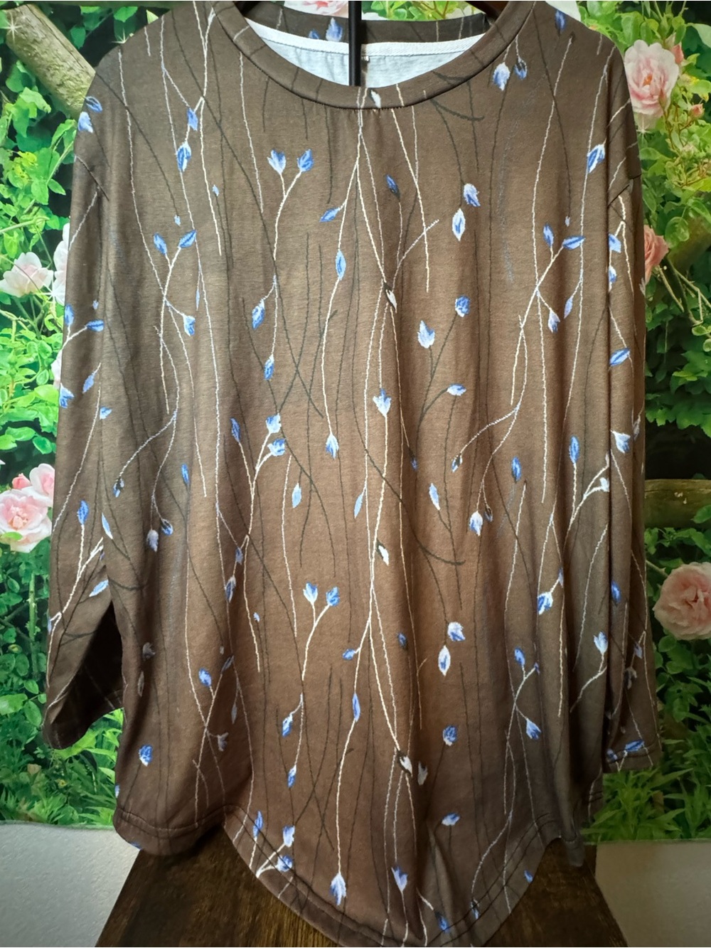 Brown Floral-Print Long Sleeve Women's Blouse
